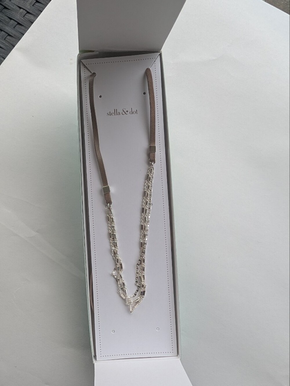Stella & Dot Silver Chain Necklace with Taupe Ribbon